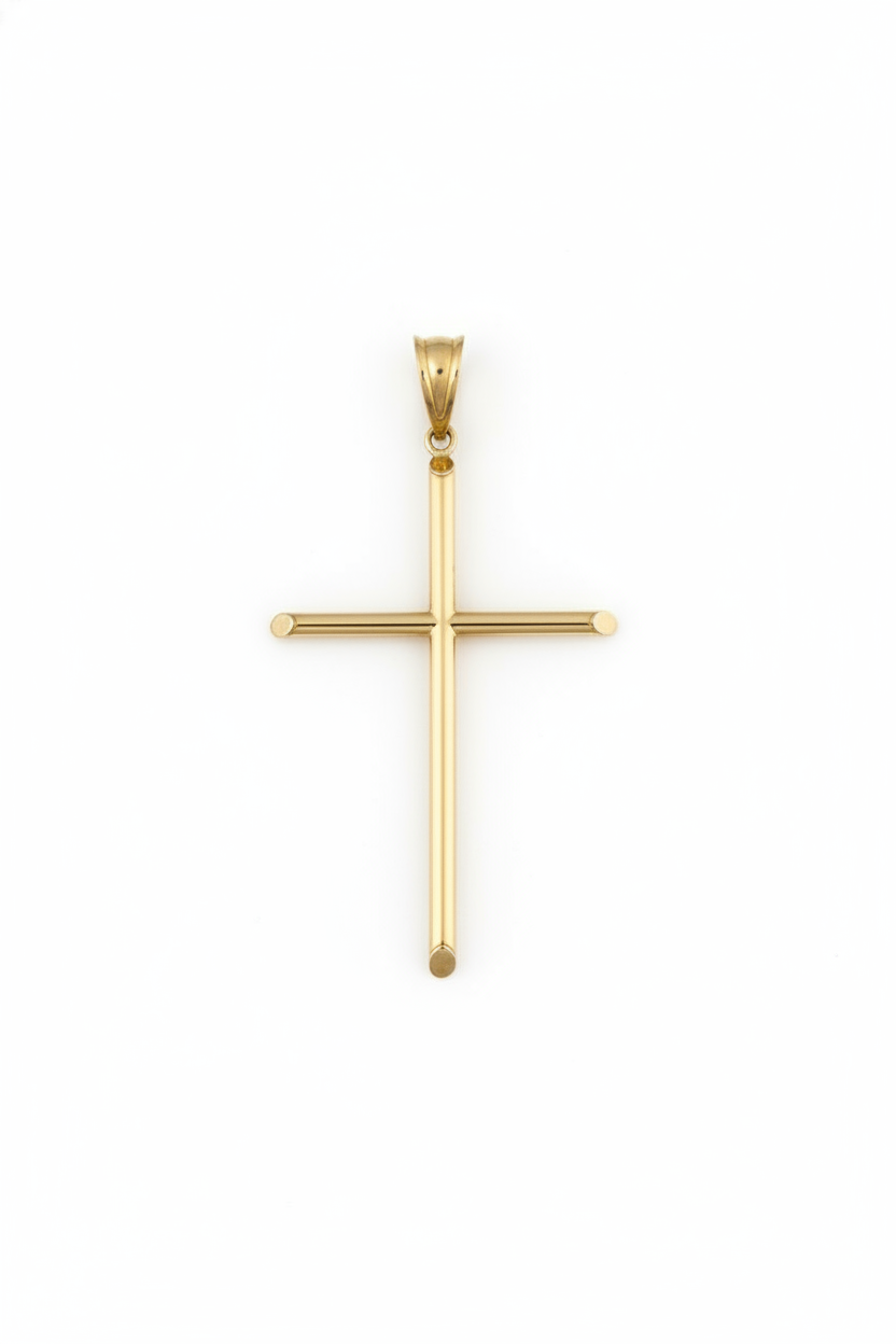 AI-generated studio shot of a 14k gold cross pendant on a pure white background